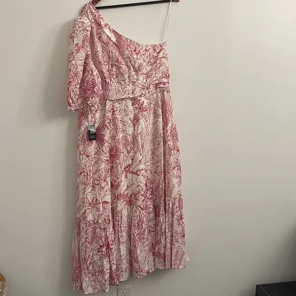 EXPRESS Printed One Shoulder Puff SleeveMIDI Dress xl