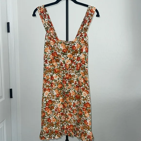 FAITHFUL THE BAND Lou Lou Mini Dress Sz 4 Sweetheart neckline Orange Tan Floral.