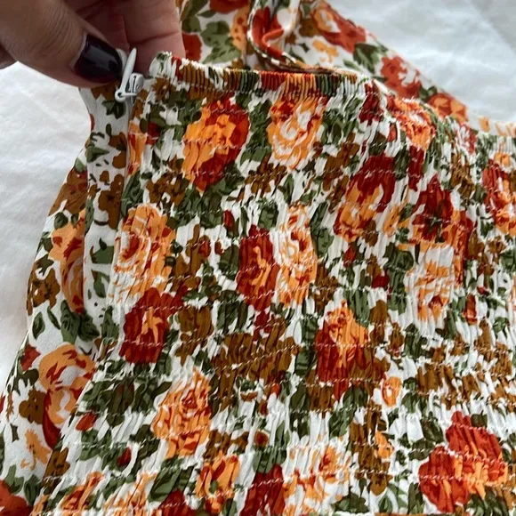 FAITHFUL THE BAND Lou Lou Mini Dress Sz 4 Sweetheart neckline Orange Tan Floral.