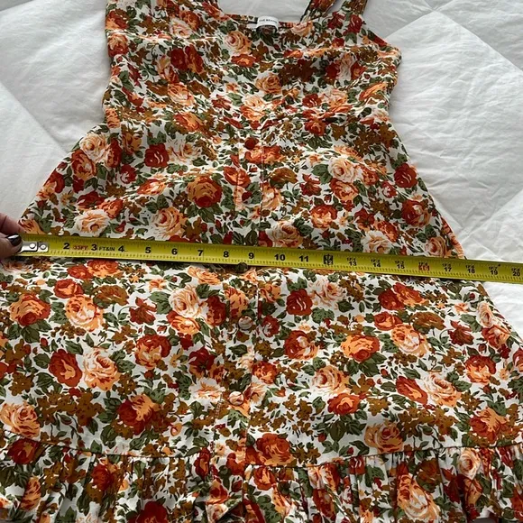 FAITHFUL THE BAND Lou Lou Mini Dress Sz 4 Sweetheart neckline Orange Tan Floral.