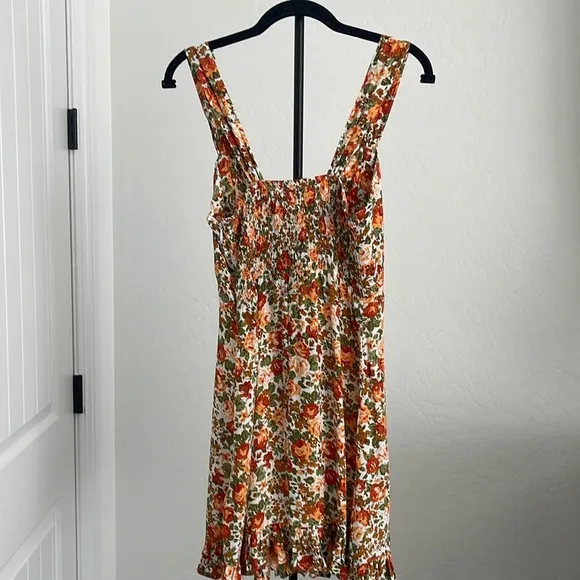 FAITHFUL THE BAND Lou Lou Mini Dress Sz 4 Sweetheart neckline Orange Tan Floral.
