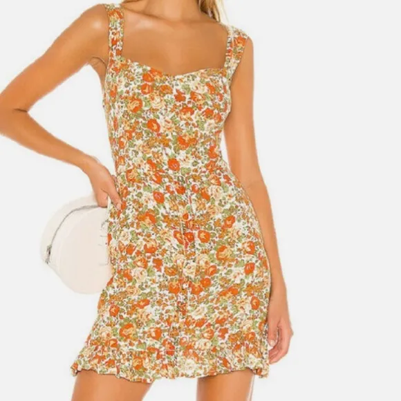 FAITHFUL THE BAND Lou Lou Mini Dress Sz 4 Sweetheart neckline Orange Tan Floral.