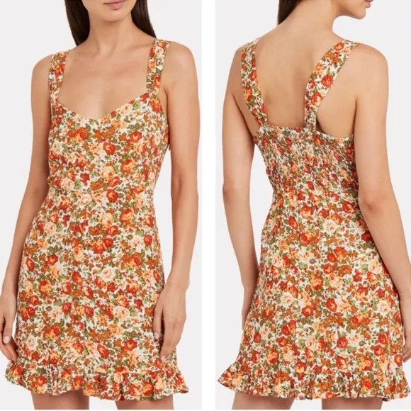 FAITHFUL THE BAND Lou Lou Mini Dress Sz 4 Sweetheart neckline Orange Tan Floral.