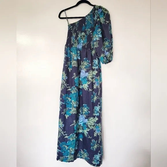 Faithfull The Brand Escala Anha Blue Asymmetrical Linen Maxi Dress Size 6