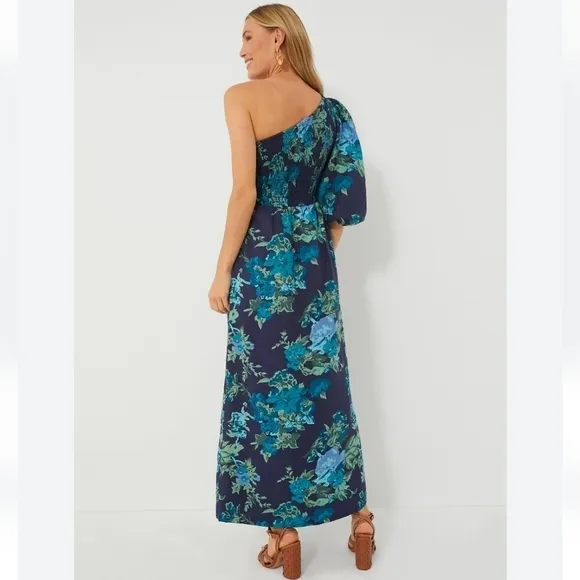 Faithfull The Brand Escala Anha Blue Asymmetrical Linen Maxi Dress Size 6