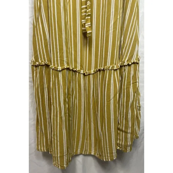 FAITHFULL The Brand Mustard White Striped Boho Asymmetric Belted Dress Sz S