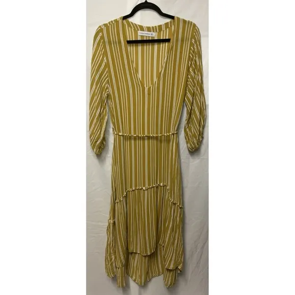 FAITHFULL The Brand Mustard White Striped Boho Asymmetric Belted Dress Sz S