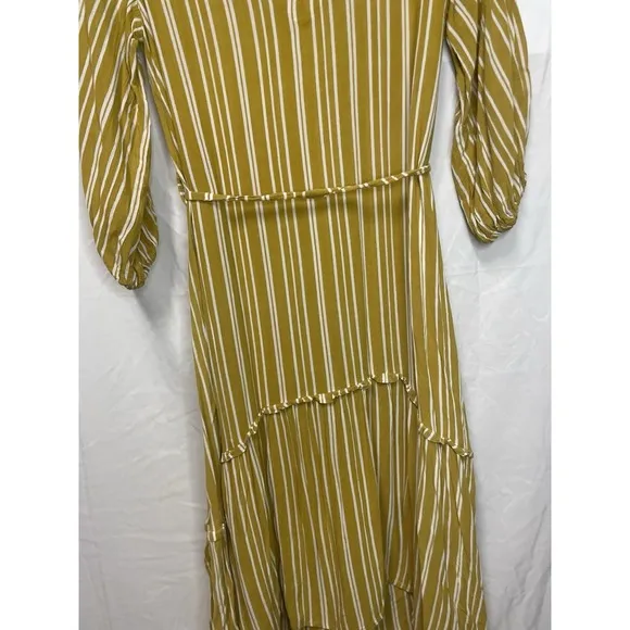 FAITHFULL The Brand Mustard White Striped Boho Asymmetric Belted Dress Sz S