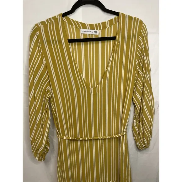 FAITHFULL The Brand Mustard White Striped Boho Asymmetric Belted Dress Sz S