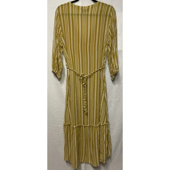 FAITHFULL The Brand Mustard White Striped Boho Asymmetric Belted Dress Sz S