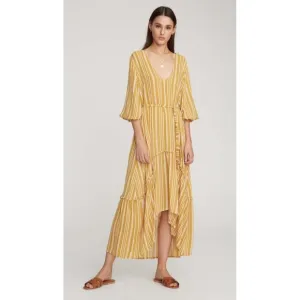 FAITHFULL The Brand Mustard White Striped Boho Asymmetric Belted Dress Sz S
