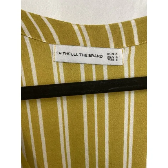 FAITHFULL The Brand Mustard White Striped Boho Asymmetric Belted Dress Sz S