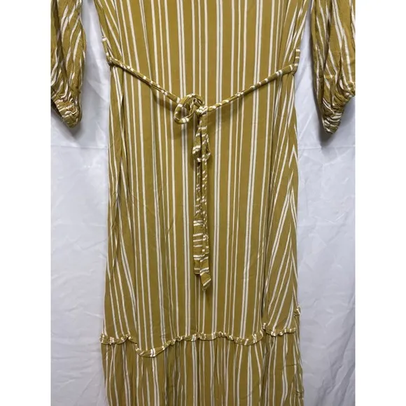 FAITHFULL The Brand Mustard White Striped Boho Asymmetric Belted Dress Sz S