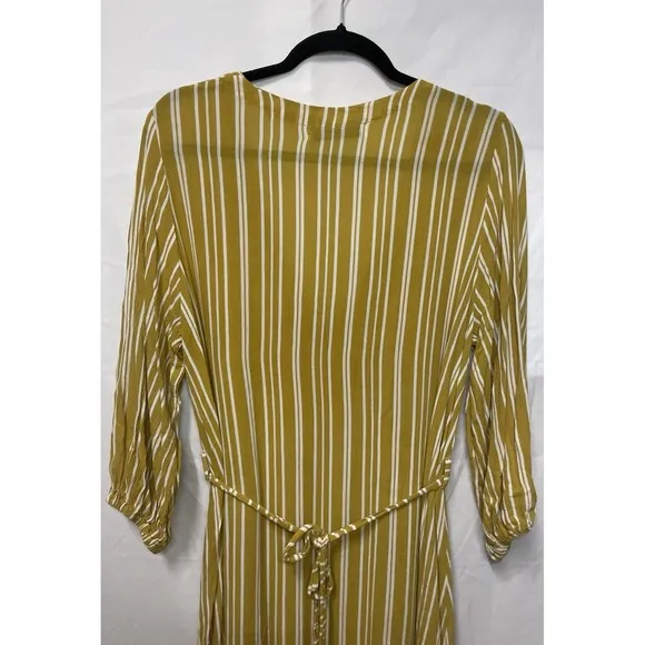 FAITHFULL The Brand Mustard White Striped Boho Asymmetric Belted Dress Sz S