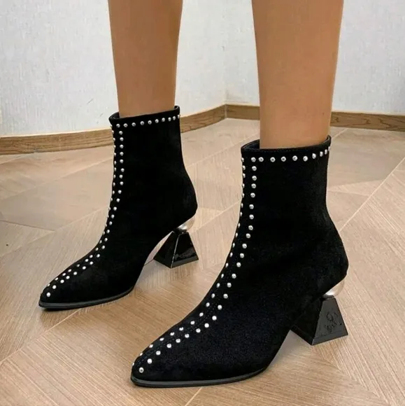 Fashionable Women Silver Metal Decor Black High Heels Shoes