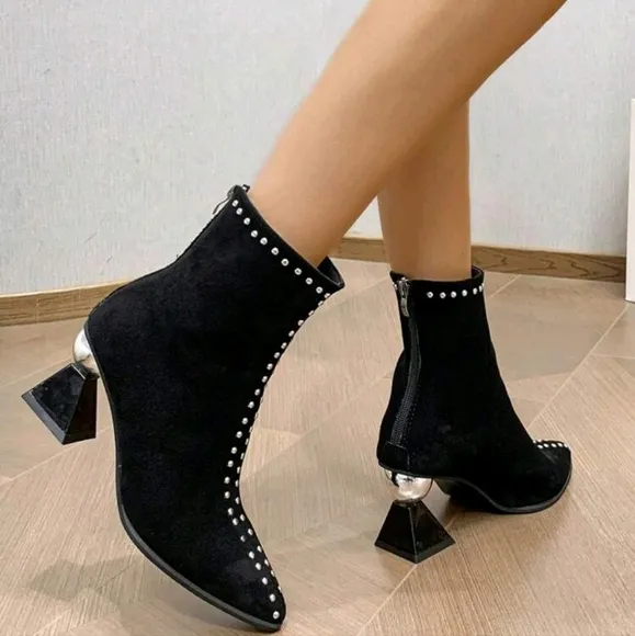 Fashionable Women Silver Metal Decor Black High Heels Shoes