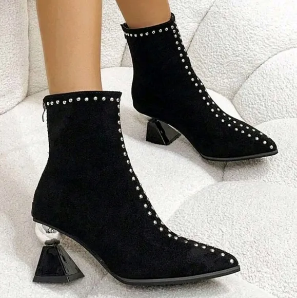 Fashionable Women Silver Metal Decor Black High Heels Shoes
