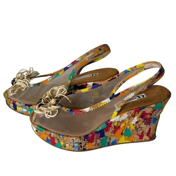 Fernando Pensato Acapulco Slingback Wedges Peep Toe Rainbow Multi Size 39 (9)