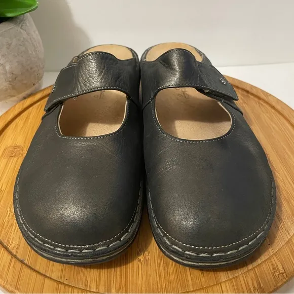 Finn Comfort Stanford Metallic Leather Mule Pewter Mary Jane Comfy Clog Sz 11.5