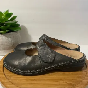 Finn Comfort Stanford Metallic Leather Mule Pewter Mary Jane Comfy Clog Sz 11.5