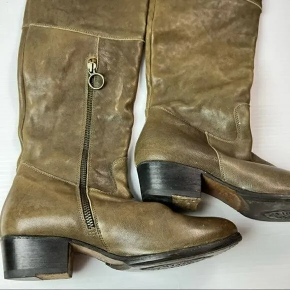 Fiorentini Baker Hand Made Olive Brown leather Zipper Knee High Boots 35.5