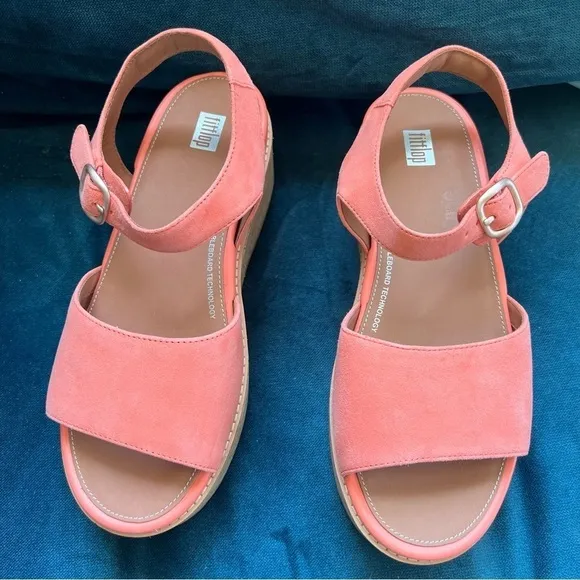 FITFLOP Eloise Coral Platform Slingback Wedge Suede Leather Sandals SIZE 8.5 NWT