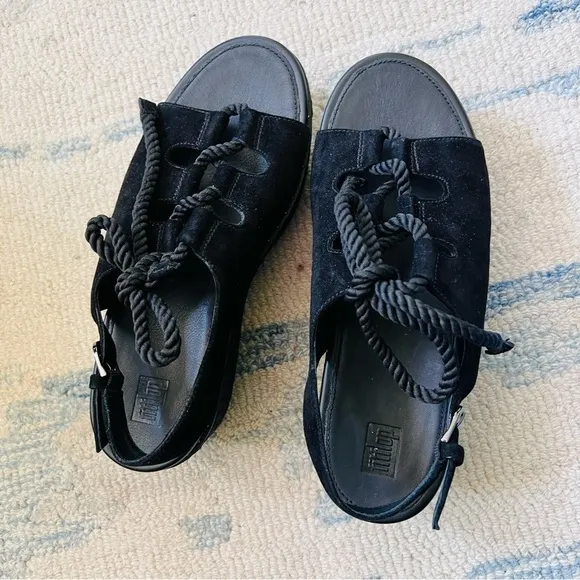 FITFLOP FAYE LACE UP SLINGBACK PLATFORM WEDGE BLACK SIZE 8 EUC