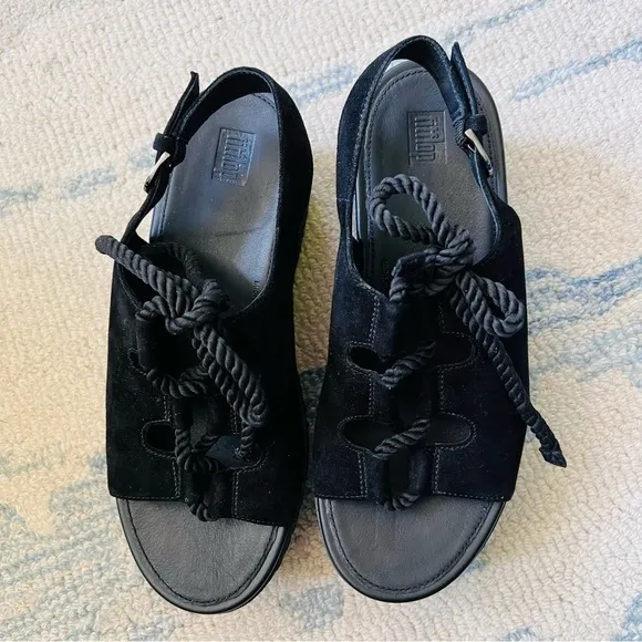 FITFLOP FAYE LACE UP SLINGBACK PLATFORM WEDGE BLACK SIZE 8 EUC