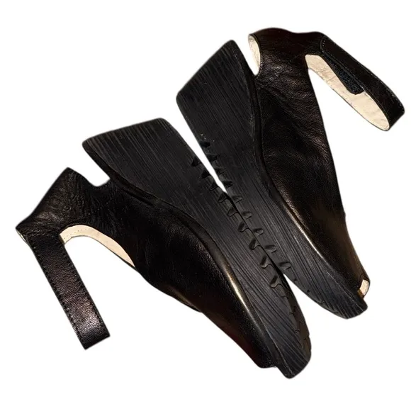 Fly London Ankle Wrap Slingback Peep Toe Black Mousse Chunky Wedge Pump Sandals