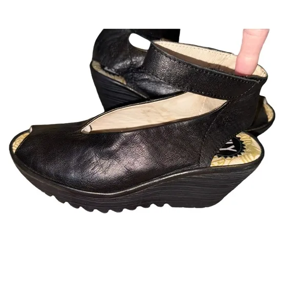 Fly London Ankle Wrap Slingback Peep Toe Black Mousse Chunky Wedge Pump Sandals