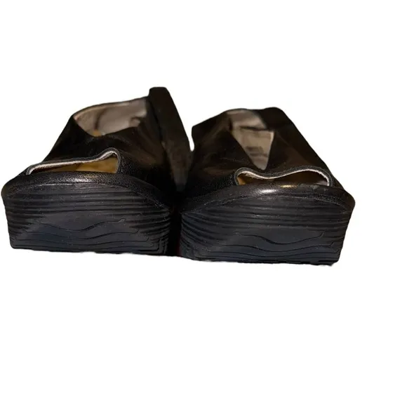 Fly London Ankle Wrap Slingback Peep Toe Black Mousse Chunky Wedge Pump Sandals