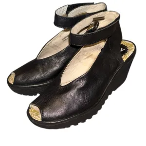 Fly London Ankle Wrap Slingback Peep Toe Black Mousse Chunky Wedge Pump Sandals