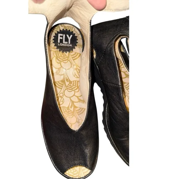 Fly London Ankle Wrap Slingback Peep Toe Black Mousse Chunky Wedge Pump Sandals