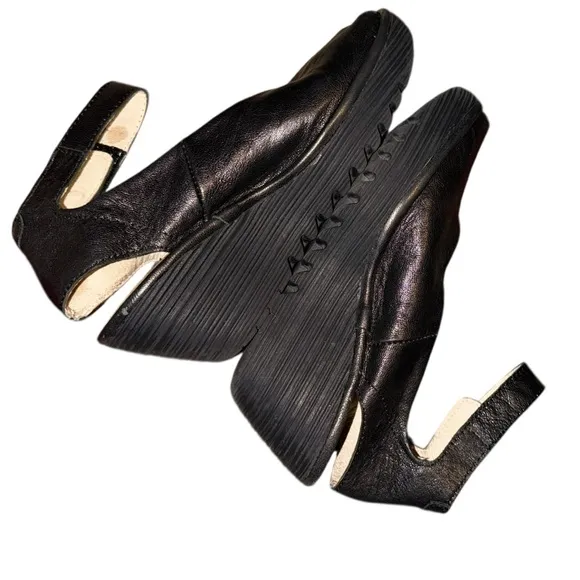 Fly London Ankle Wrap Slingback Peep Toe Black Mousse Chunky Wedge Pump Sandals