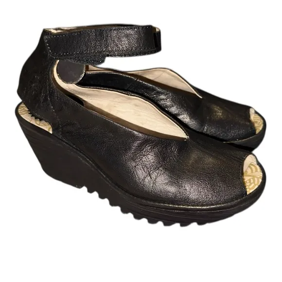 Fly London Ankle Wrap Slingback Peep Toe Black Mousse Chunky Wedge Pump Sandals