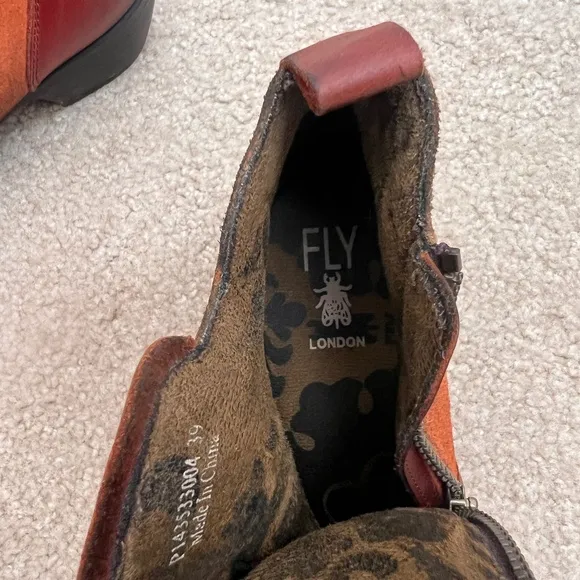 Fly London Meli Leather Ankle Boots Side Zip Red Orange Accents EU39 US8.5