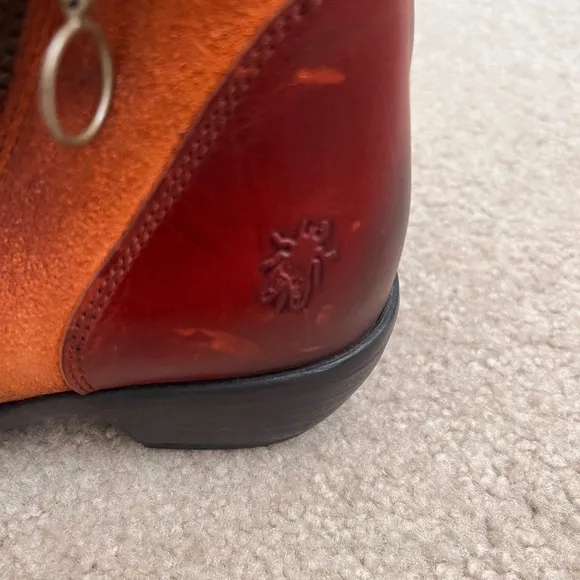 Fly London Meli Leather Ankle Boots Side Zip Red Orange Accents EU39 US8.5