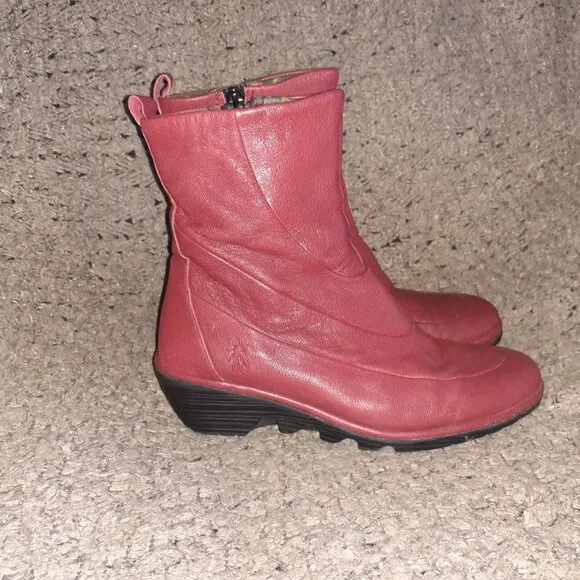 FLY LONDON-Pilz-Red Leather Wedge Booties-Side Zip-Sz 38-Excellent