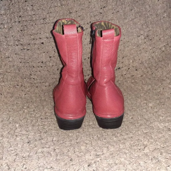 FLY LONDON-Pilz-Red Leather Wedge Booties-Side Zip-Sz 38-Excellent