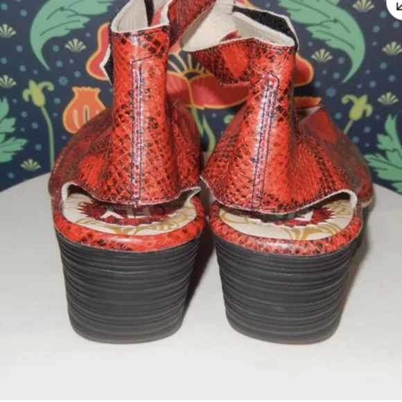 Fly London Red Snakeskin Leather Yala Peeptoe Wedges Slingback Shoes 40
