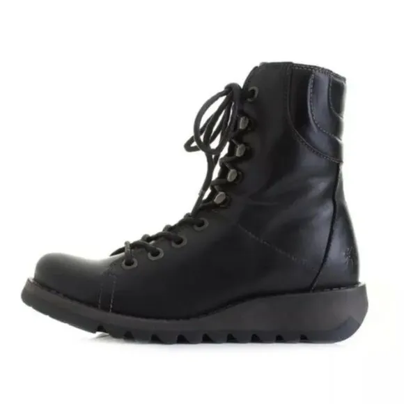 FLY London-SAME-109 FLY-Heritage Black Leather Combat Boots-Side Zip-Sz …