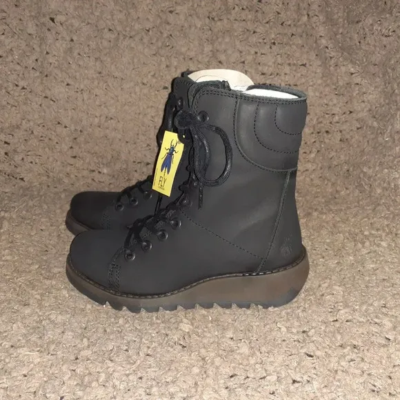 FLY London-SAME-109 FLY-Heritage Black Leather Combat Boots-Side Zip-Sz …