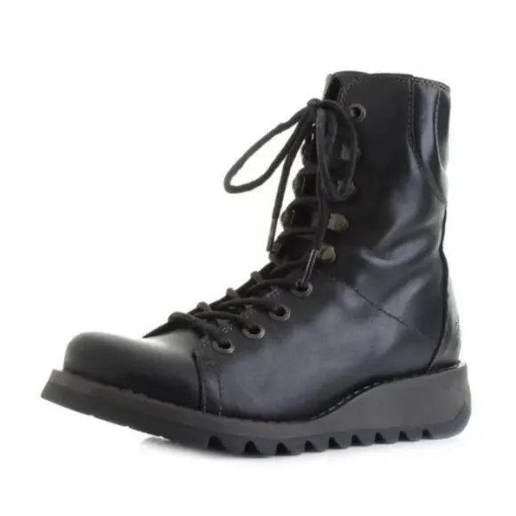 FLY London-SAME-109 FLY-Heritage Black Leather Combat Boots-Side Zip-Sz …