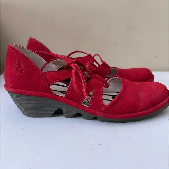 Fly London Shoes Closed Toe Lace Up Wedge D'Orsay Suede Red Women's Size 37