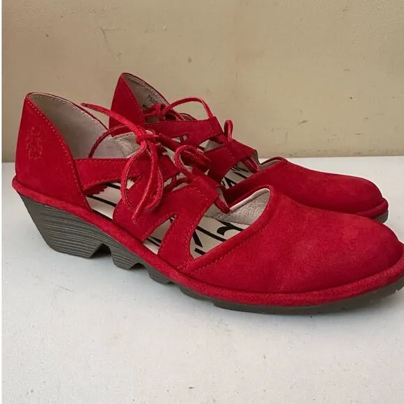 Fly London Shoes Closed Toe Lace Up Wedge D'Orsay Suede Red Women's Size 37
