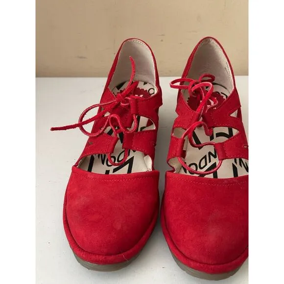 Fly London Shoes Closed Toe Lace Up Wedge D'Orsay Suede Red Women's Size 37