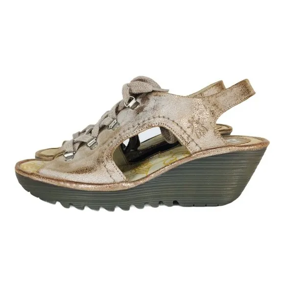 Fly London YLVA Metallic Beige Suede Lace-Up Peep Toe Slingback Wedge Sa…