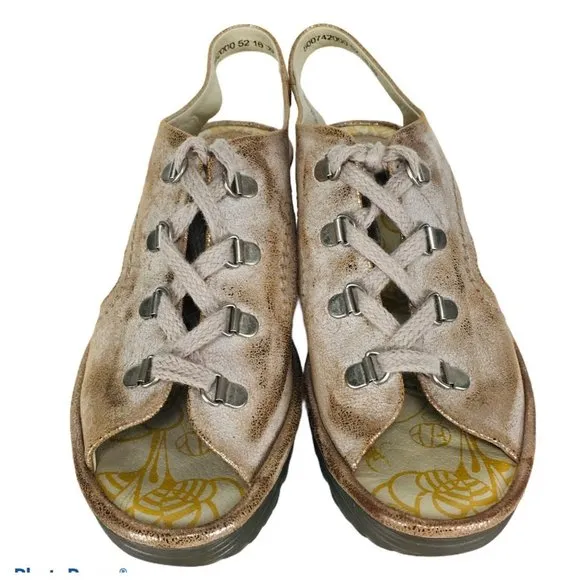 Fly London YLVA Metallic Beige Suede Lace-Up Peep Toe Slingback Wedge Sa…