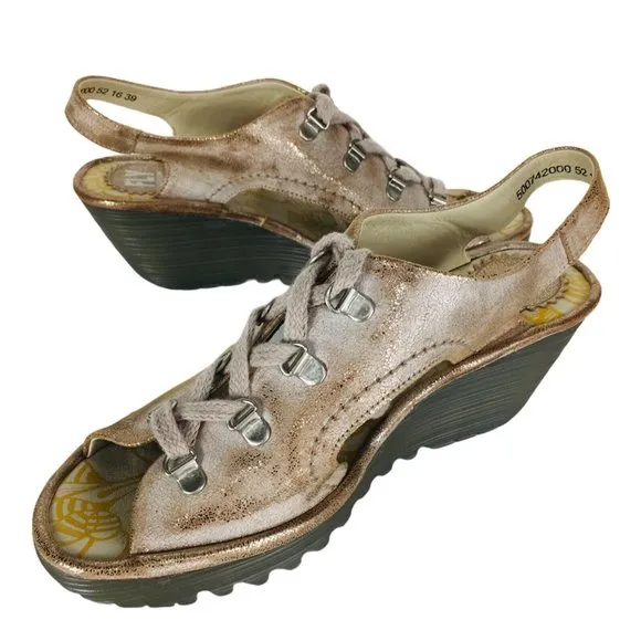 Fly London YLVA Metallic Beige Suede Lace-Up Peep Toe Slingback Wedge Sa…