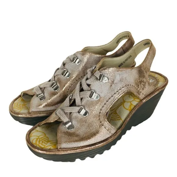 Fly London YLVA Metallic Beige Suede Lace-Up Peep Toe Slingback Wedge Sa…